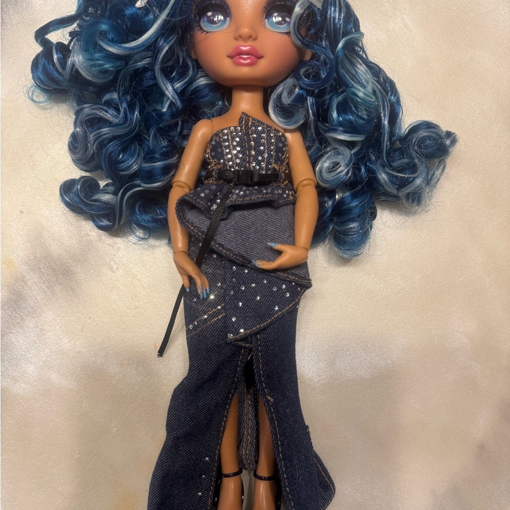 Stylish Doll with Blue Hair and Denim Outfit